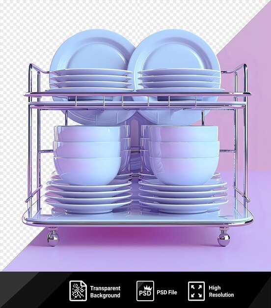 Dish rack with white plates and bowls on a pink table against a pink wall with a silver and metal leg visible in the foreground png psd