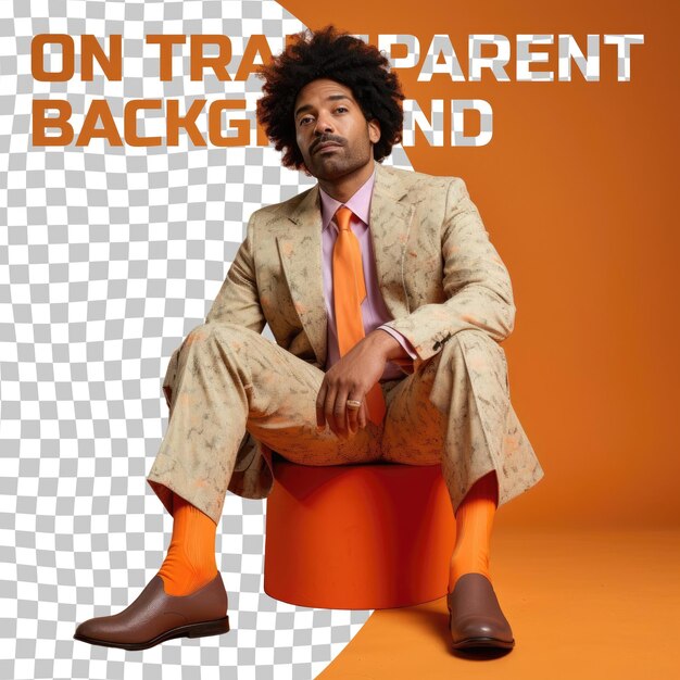 PSD a disheartened adult man with kinky hair from the west asian ethnicity dressed in editor attire poses in a sitting with one leg bent style against a pastel tangerine background