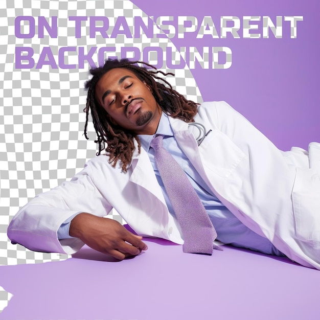 PSD a disheartened adult man with long hair from the african american ethnicity dressed in radiologist attire poses in a lying down with head propped up style against a pastel lilac background