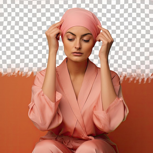 A disheartened adult woman with bald hair from the middle eastern ethnicity dressed in anesthesiologist attire poses in a hand brushing through hair style against a pastel coral background