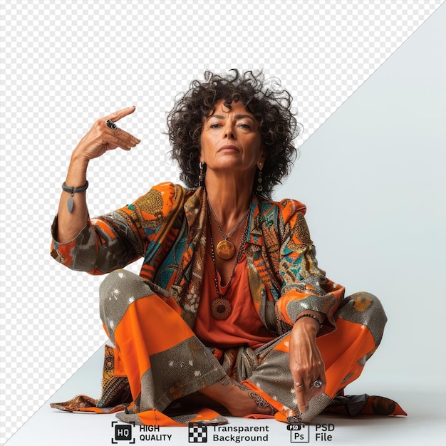 A disheartened middle aged woman with curly hair from the african ethnicity dressed in makeup artist attire poses in a seated with one hand raised style wearing a gold and silver necklace