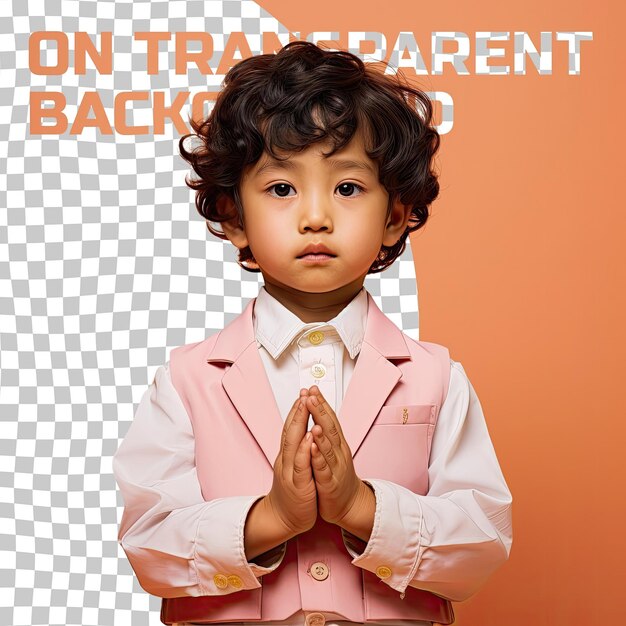 A disheartened preschooler boy with wavy hair from the east asian ethnicity dressed in diplomat attire poses in a seated with one hand raised style against a pastel coral background