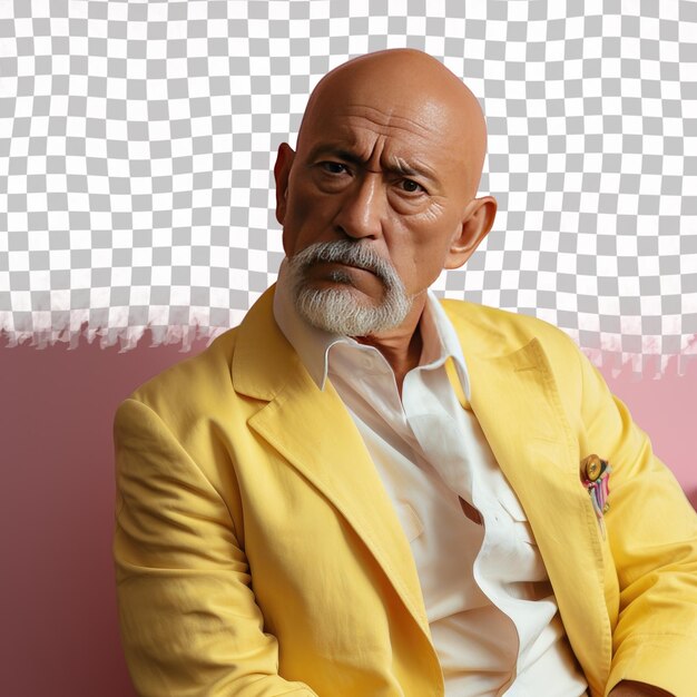 PSD a disheartened senior man with bald hair from the southeast asian ethnicity dressed in boat captain attire poses in a head tilt with a serious expression style against a pastel lemon backgro