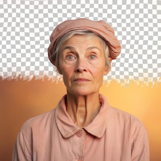 PSD a disheartened senior woman with short hair from the nordic ethnicity dressed in farmer attire poses in a intense direct gaze style against a pastel peach background