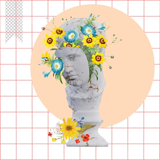 PSD diskoforos posągi 3d render collage z płatkami kwiatów kompozycje dla twojej pracy