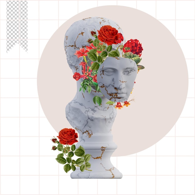 Diskoforos standbeelden 3d renderen collage met bloemblaadjes composities voor uw werk