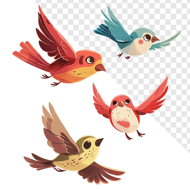 Disney style cartoon birds in mid flight with transparent background