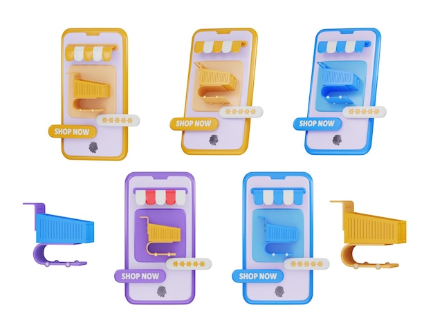 A display of different items including a shopping cart and a shopping cart 3d icon set