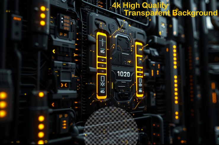 PSD a display of electronic equipment with the words high quality brand on it