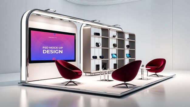a display of a modern art display with a large screen that says design design design design design