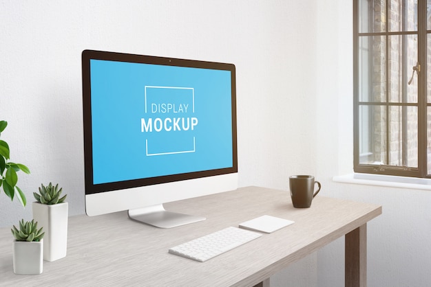 PSD display monitor on office desk with smart object screen for mockup