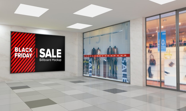 PSD display sign board on wall mockup in shopping center with black friday sale banner