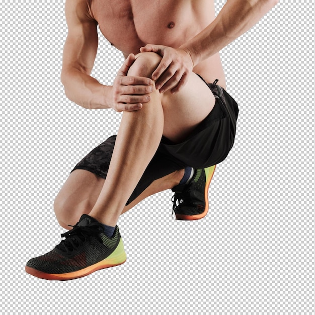 displeased young sportsman have painful feelings in leg