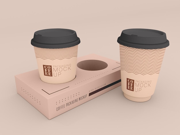 PSD disposable coffee cup with box mockup