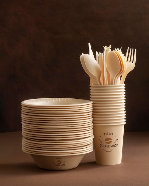 Disposable cutlery and cups mockup