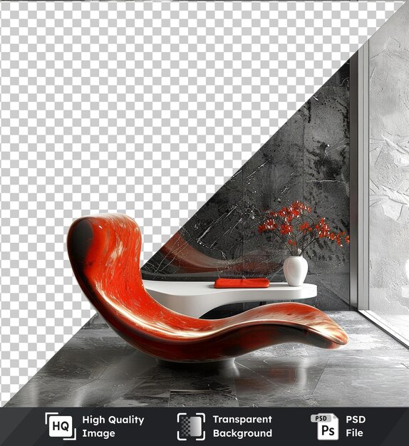 PSD dissecting an orange flower in a white vase sits on a shiny floor in front of a black wall with a red chair in the background
