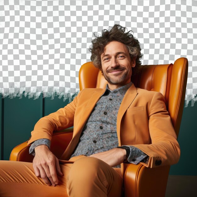 PSD distinguished scandinavian blogger curly haired middle aged man strikes relaxed pose on pastel teal