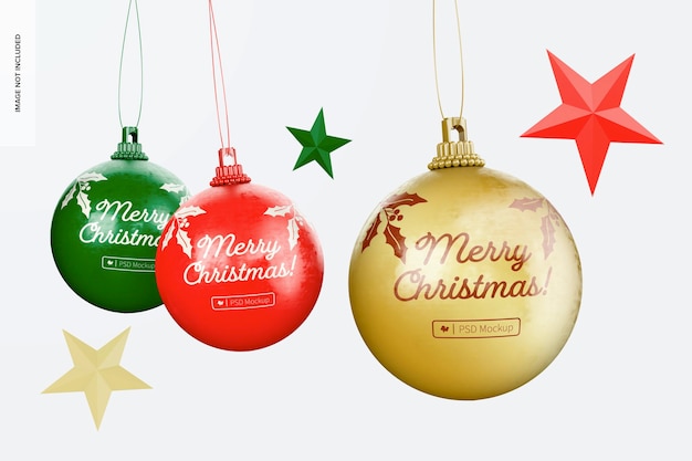 PSD distressed christmas balls mockup, hanging