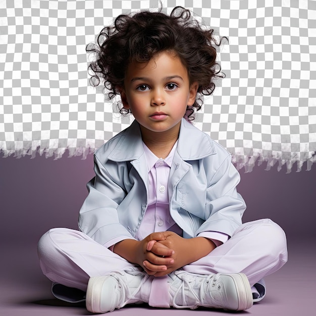 PSD a distrustful child boy with kinky hair from the pacific islander ethnicity dressed in podiatrist attire poses in a sitting with hands clasped style against a pastel periwinkle background