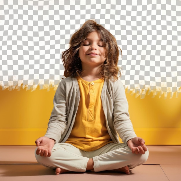 A distrustful child boy with long hair from the south asian ethnicity dressed in practicing yoga attire poses in a eyes closed with a smile style against a pastel lemon background