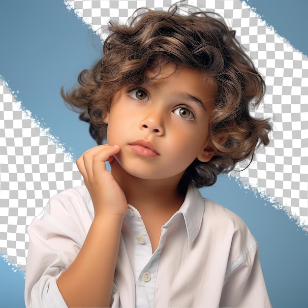 A distrustful child boy with wavy hair from the hispanic ethnicity dressed in choreographer attire poses in a pensive look with finger on lips style against a pastel blue background