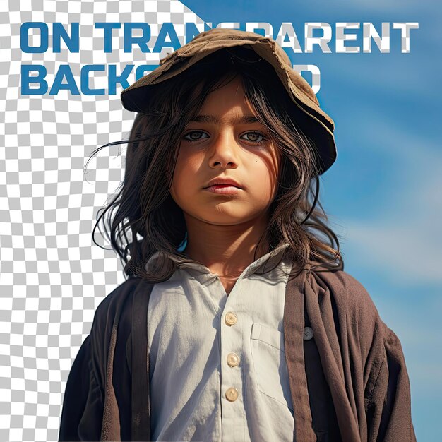 PSD a distrustful preschooler boy with long hair from the south asian ethnicity dressed in fisherman attire poses in a soft gaze with tilted head style against a pastel sky blue background