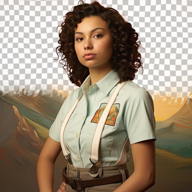 PSD a distrustful young adult woman with curly hair from the native american ethnicity dressed in builder attire poses in a chin on hand style against a pastel cream background