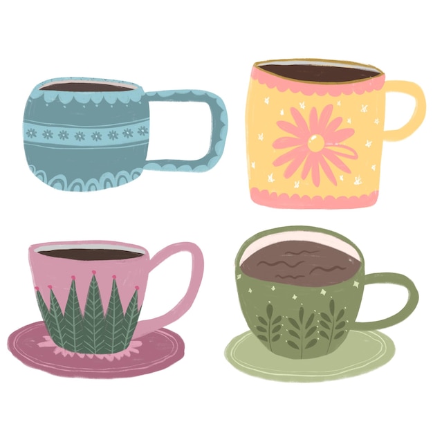 Dit is een collectie van met de hand getekende illustraties van kopjes thee.