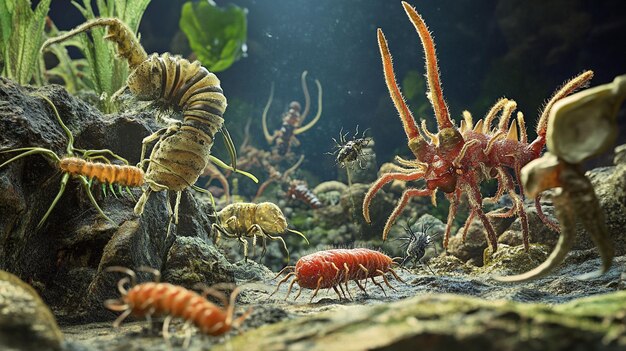 diverse alien insect colony thriving in a vibrant bioluminescent ecosystem