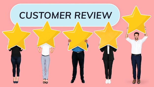 diverse businesspeople showing golden star rating symbols