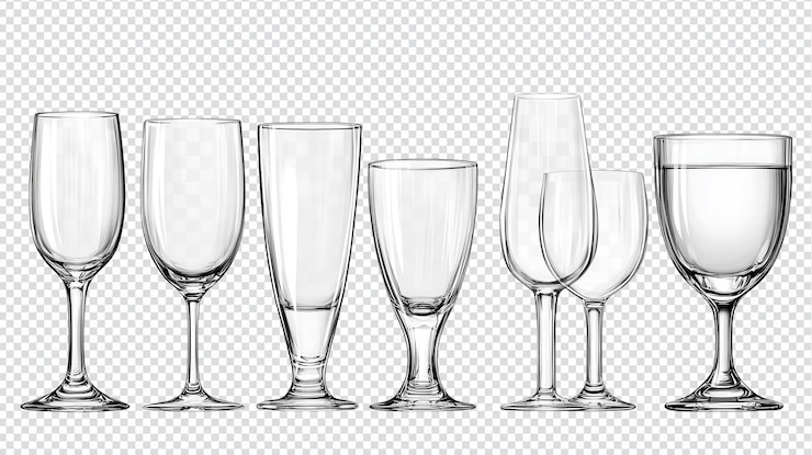 PSD 様々な飲み物や機会のための様々なデザインをきれいに並べた様々なガラスの器具のコレクション