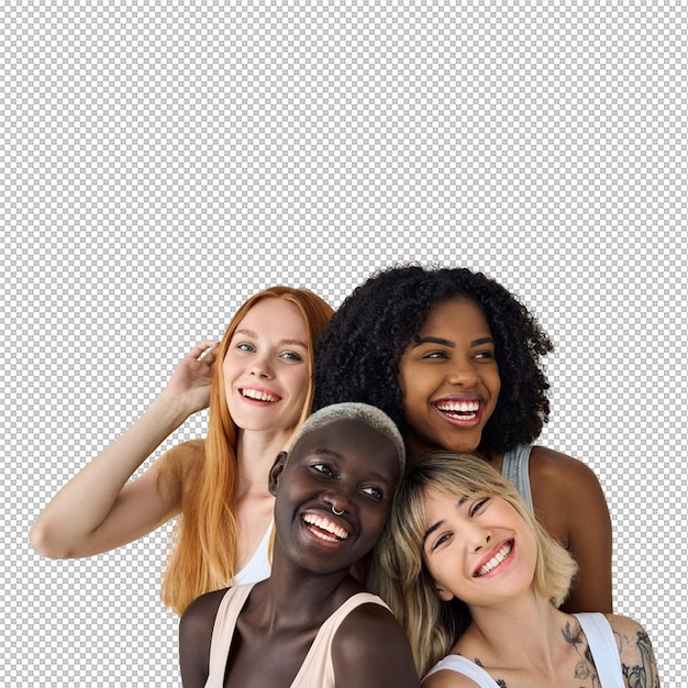 Diverse en gelukkige vrouwen die samen glimlachen.