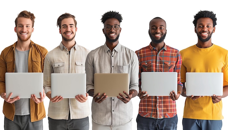 PSD diverse groep jonge mannen die samen aan laptops werken
