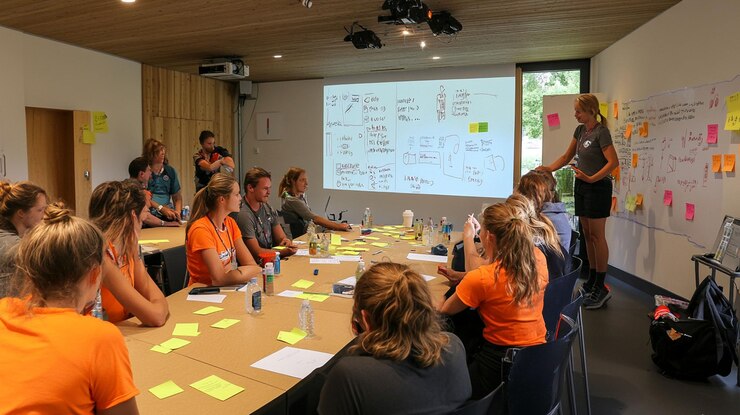 PSD diverse group brainstorming in a modern bright room woman leads the session