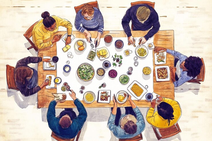 PSD diverse group enjoys a healthy meal together at a large wooden table viewed from above