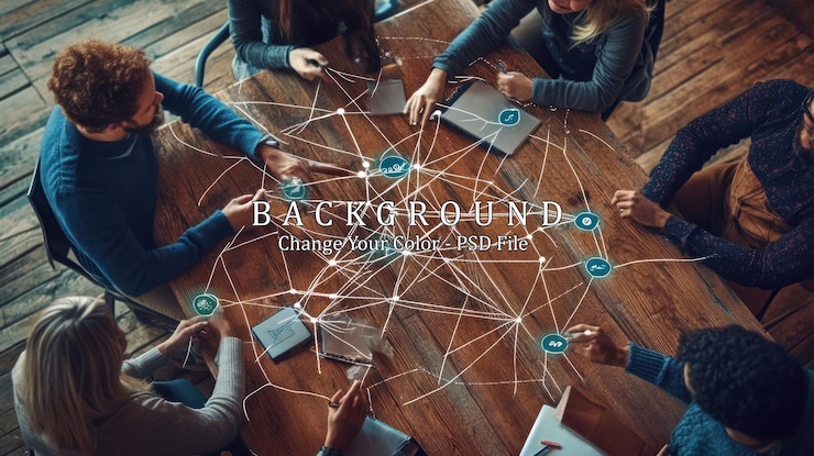 PSD a diverse group of five people sitting around a table connecting dots on a digital network