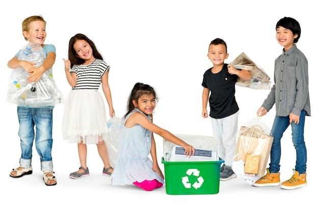 PSD diverse group of kids recycling garbage