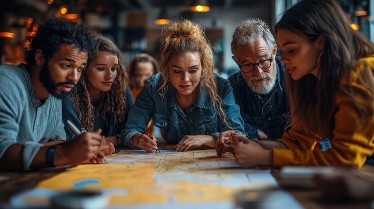 PSD a diverse group of people gather around a large map collaborating and discussing plans