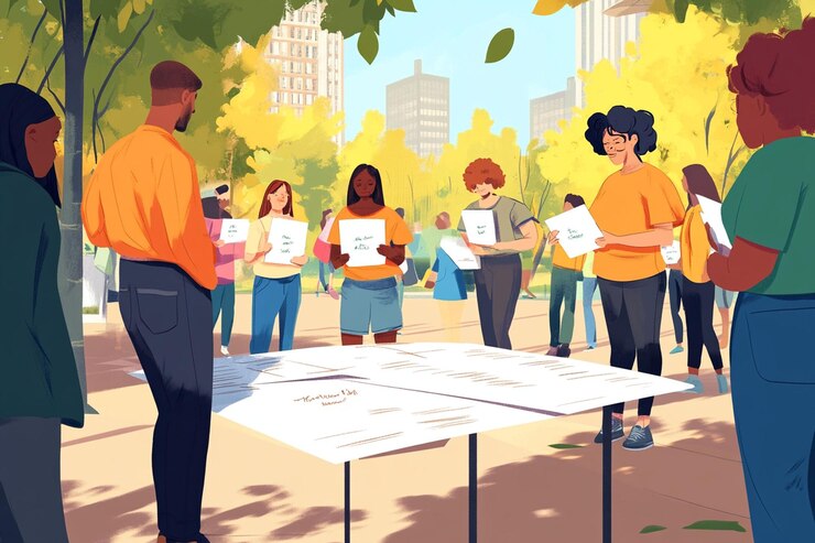 PSD diverse group of people gathered in a park holding papers and reviewing plans on a table