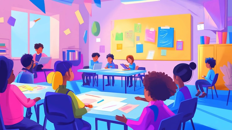 PSD diverse group of students working in a colorful classroom setting
