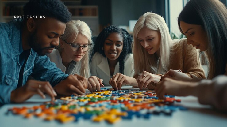 PSD diverse group of young adults collaborate on a colorful jigsaw puzzle