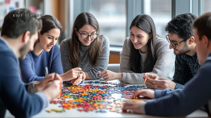 PSD diverse group of young adults collaborate on a large colorful jigsaw puzzle