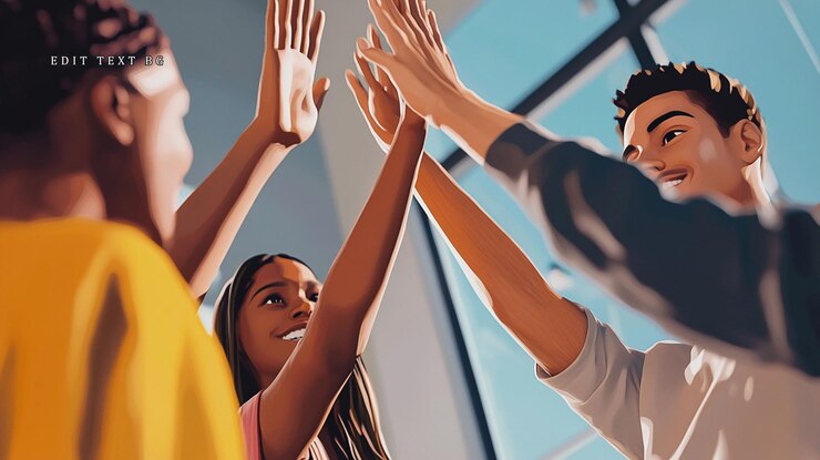 PSD diverse group of young adults giving high fives celebrating success