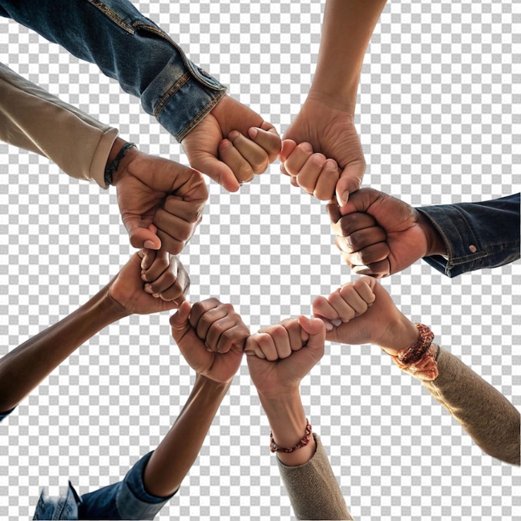 PSD diverse hands coming together in unity on a transparent background