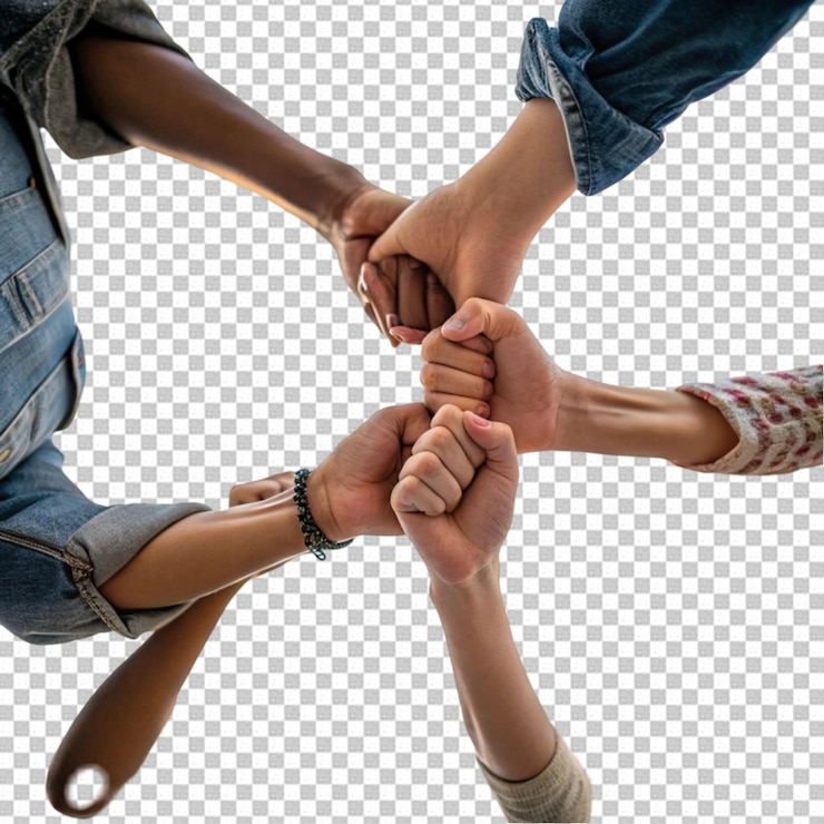 PSD diverse hands coming together in unity on a transparent background