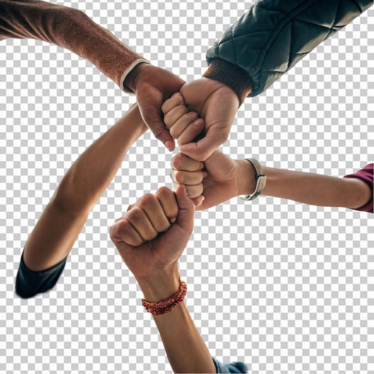 PSD diverse hands coming together in unity on a transparent background