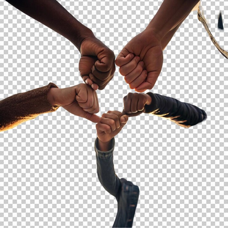 PSD diverse hands coming together in unity on a transparent background