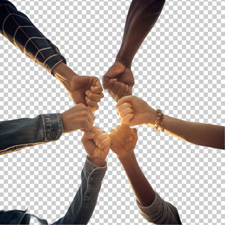 PSD diverse hands coming together in unity on a transparent background