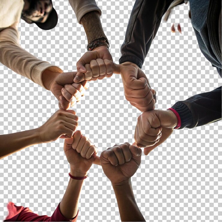 PSD diverse hands coming together in unity on a transparent background