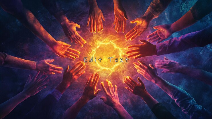 PSD diverse hands encircling a fiery glowing orb symbolizing unity and power